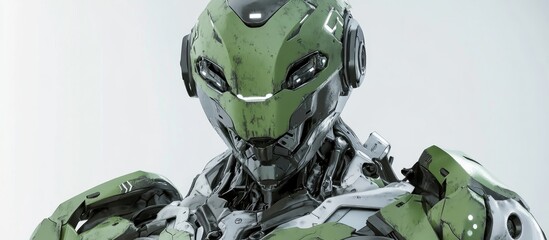 Futuristic mech soldier in green and gray metallic armor on a white background Pilot controlled military robot with scratched surfaces showcasing mechanized combat 3D rendering