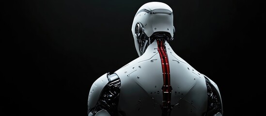 Wall Mural - highly detailed 3d render of a futuristic robot man viewed from the back against a black background