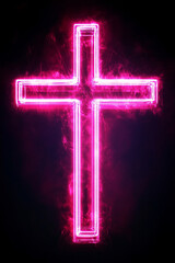 Wall Mural - pink neon cross in the night	