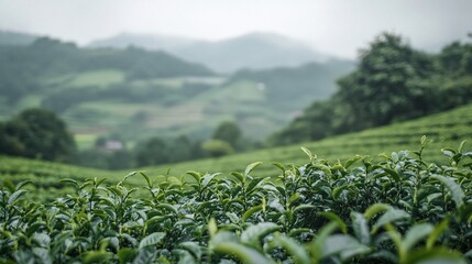 Wall Mural - Lush green tea plants are growing on a plantation in the mountains