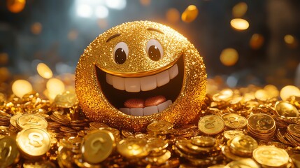 Cheerful emoji shines bright among a pile of glittering gold coins, symbolizing wealth and happiness.