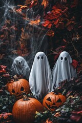 Wall Mural - Three ghosts standing with carved pumpkins in a forest with spiderwebs and fall foliage celebrating halloween