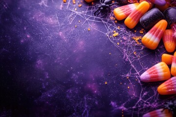 Wall Mural - spooky halloween banner design featuring candies, spider webs on a dark purple background, perfect for trick-or-treat festivities