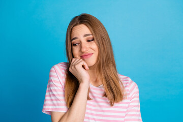 Poster - Photo of sad upset cute woman wear trendy pink clothes look empty space isolated on blue color background