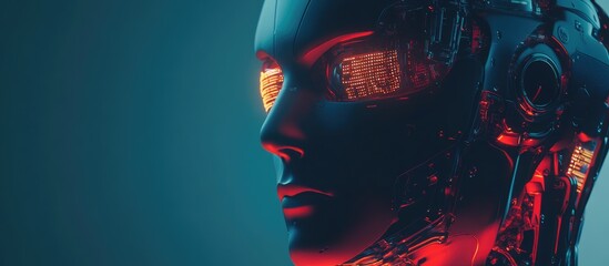 Poster - Futuristic AI Bionic Robot Head Featuring HUD Data Technology Themed 3D Illustration Render