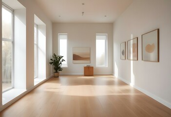 A minimalist room with a wooden floor and a soft, diffused light coming through a window, creating a serene and calming atmosphere