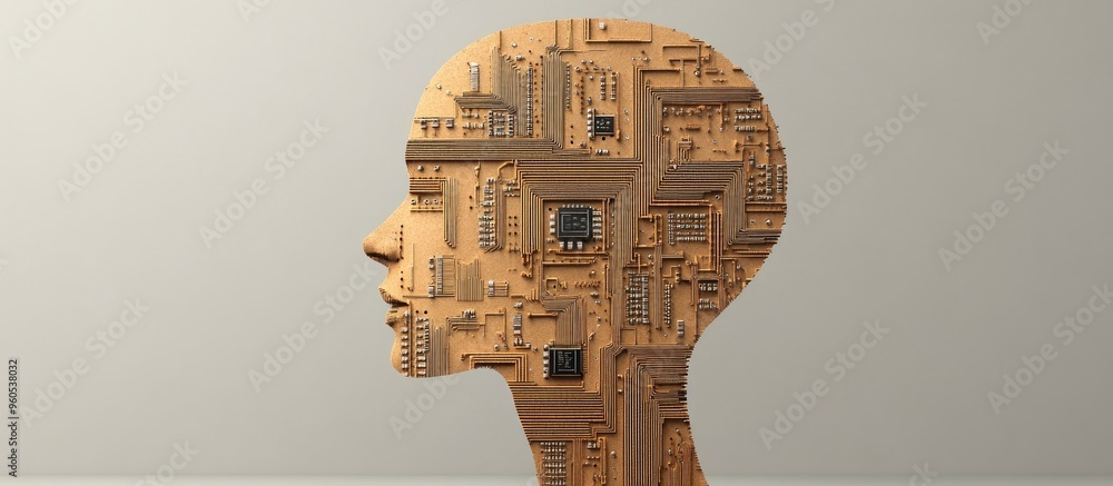 Cardboard cutout of a human head showcasing intricate circuit board ...