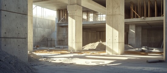 Incomplete cement structure at a construction site during the summer season