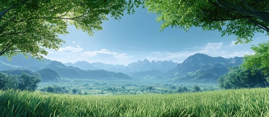 Serene landscape featuring lush greenery with distant mountains under a clear blue sky inviting a sense of tranquility and peacefulness