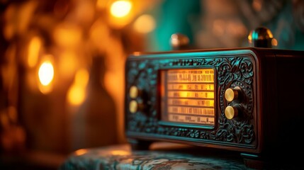 Antique radio with ornate wood carvings and brass knobs, softly glowing in a dimly lit room with vintage decor