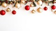 © Alex - Colorful gold and red ornaments hang gracefully from lush greenery, adding a vibrant touch to a blank white backdrop and embodying holiday cheerfulness