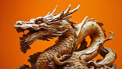 Majestic wooden dragon sculpture with intricate details set against a vibrant orange background, enhancing its beauty and symbolic presence.