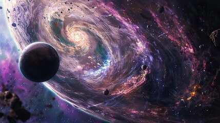 Wall Mural - Spiral Galaxy and Planet in Space