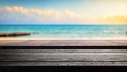 Wall Mural - The empty black wooden table top with blur background of restaurant on the beach. For product display