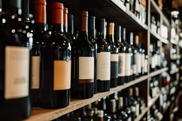 variety of wine bottles displayed on a wooden shelf in a wine shop