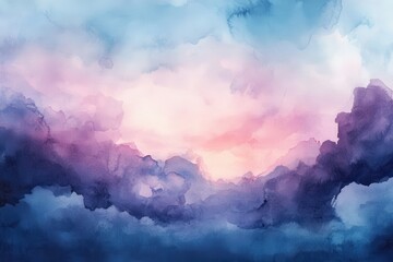 Canvas Print - Watercolor background showcasing a blend of blue, purple, and pink shades with a textured sky highlighted by soft clouds