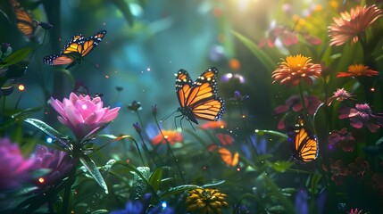 Wall Mural - Enchanted Garden with Sparkling Butterfly Among Vibrant Oversized Flowers