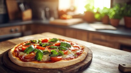 A delicious pizza featuring vibrant tomatoes and fresh basil rests on a wooden board, illuminated by warm sunlight in a charming kitchen