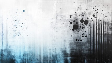 Abstract illustration featuring a distressed texture with a gradient of black white grey and blue embellished with dots spots scratches and lines