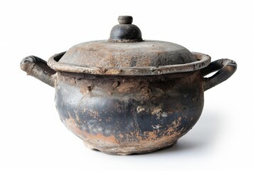 Old Cooking Pot Isolated on White Background. Black and Dirty Cookware for Cooking Closeup