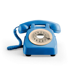 Blue 70s telephone as a concept of contact, communication and response to customers, with transparent background and shadow