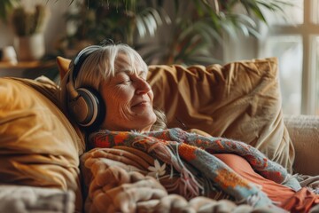 One Person Lying on Couch: Happy Caucasian Mature Woman in Living Room Wearing Headphones