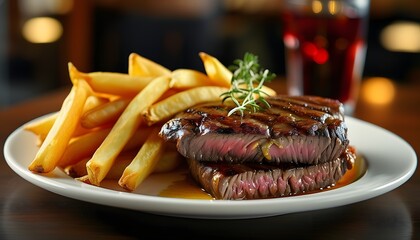 Wall Mural - A plate of seductive fried steaks paired with golden French fries is exquisitely placed with a vague background, showing a rich catering culture.