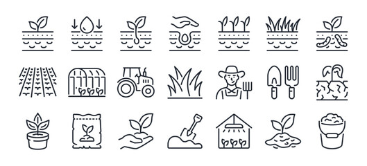 soil ground and gardening editable stroke outline icons set isolated on white background flat vector