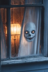 Wall Mural - Scary clown mask is peeking through a window with a sheer curtain and a lamp in the background