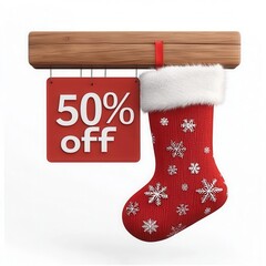 Wall Mural - Festive red stocking with snowflake design, hanging with a 50% off sale sign, perfect for holiday promotions and decorations.