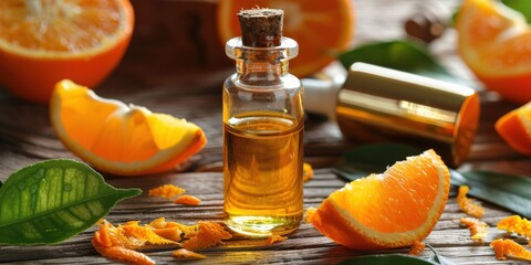 Orange Oil: Natural Citrous Aroma for Beauty and Wellness. Fresh Fruit Pieces in Spa Background