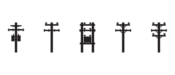 Collection of flat vector icons of tall electric towers. High voltage pole. Pole network. Collection of electric pole icons of various shapes in flat form on transparent background. Eps10