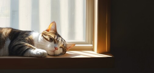  A cat lounging in a sunbeam on a windowsill, gazing out at a quiet street