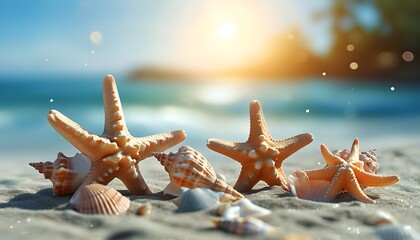 Seashells and starfish on sandy beach with shimmering ocean and vibrant sunlight in background