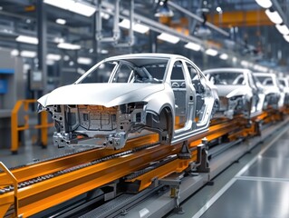 A line of cars are being manufactured in a factory, generative ai image