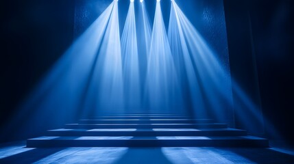 Dramatic cascade of vertical and diagonal white and blue illuminating light beams on theatrical stage with sharp contrasts and copy space for text  photography concept for interior design exhibition