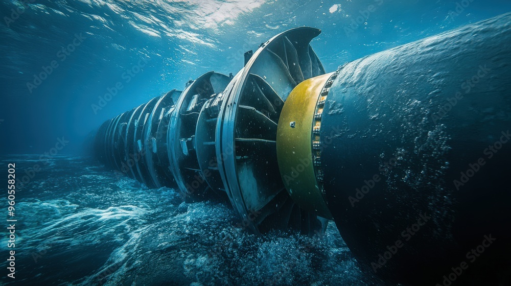 Underwater turbines convert the energy of moving tides into renewable ...