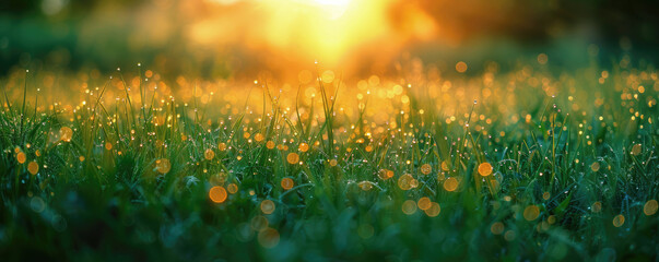 Banner, serene grassy field with dew drops on the grass, in the rays of the dawn sun, calm energy of nature promoting relaxation.