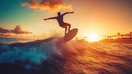 Surfer on a tropical beach during golden hour, leaping onto the surf Sporty young man using a surf board to perform feats over the waves Savage water sports and activity with foam and spray at dusk