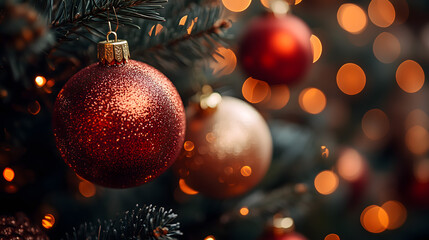 Wall Mural - Festive Red Christmas Bauble Hanging on a Snowy Fir Branch