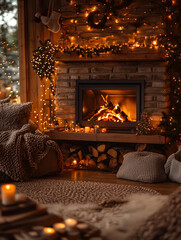 Cozy Home Interior with Fireplace Decorated for Christmas Holidays