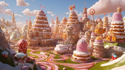 Fantasy Cityscape with Cake-Shaped Structures and Chocolate Hills