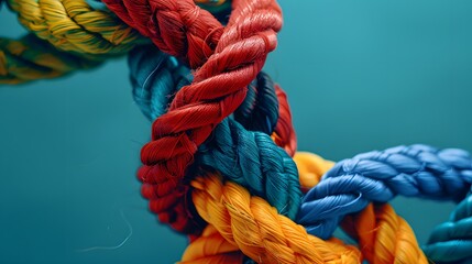 Diverse team unity and partnership concept with colorful braided rope background.