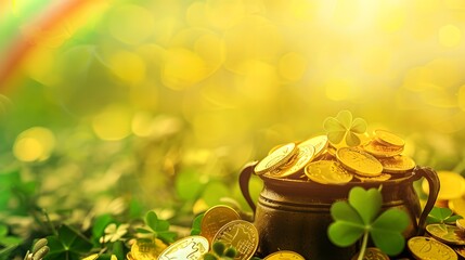 leprechaun pot with gold coins on clover meadow with rainbow st patrick s day