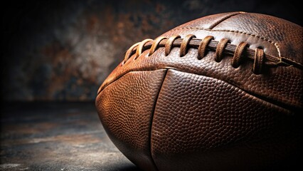 Wall Mural - ball, used,leather football, old, aged, American football, sport, game, dark background, worn-out, close-up, A close up of a worn leather football on a dark background viewed from above