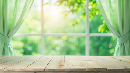 Wood table in focus, blurred curtain and sunlit green garden background, perfect for product display.