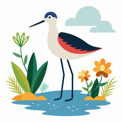 Sandpiper bird on water and plants vector illustration on white background