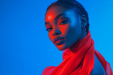 Woman in Neon Red Scarf with Solid Neon Blue Background Fashion Lifestyle Portrait, Vibrant and Modern