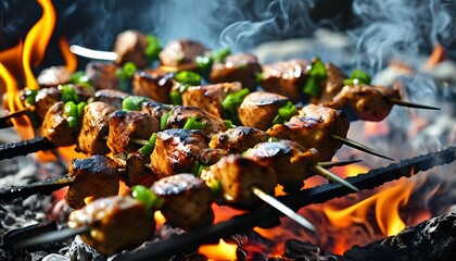 Wall Mural - The mutton kebabs and chicken kebabs on the charcoal barbecue grill are surrounded by smoke and the flames jump, roasting them to a golden delicious taste.