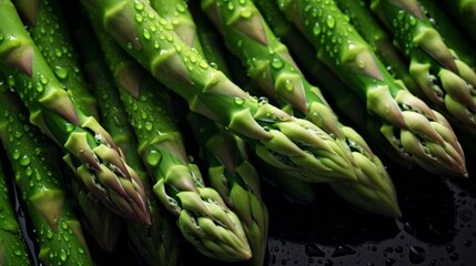 Wall Mural - Pile of fresh asparagus with glistening droplets of water. Advertising photography. Neural network ai generated art